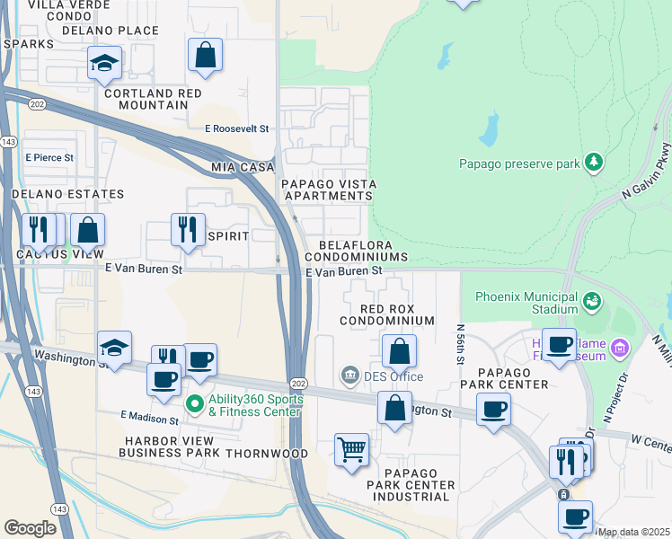 map of restaurants, bars, coffee shops, grocery stores, and more near 5202 East Van Buren Street in Phoenix