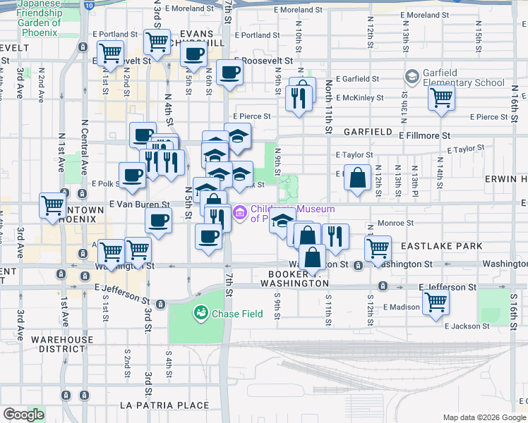 map of restaurants, bars, coffee shops, grocery stores, and more near 800 East Van Buren Street in Phoenix