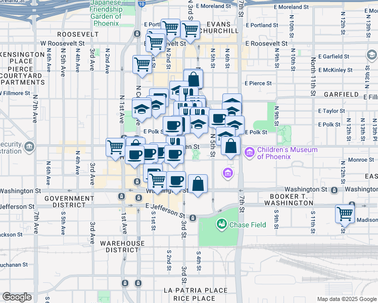 map of restaurants, bars, coffee shops, grocery stores, and more near 340 North 3rd Street in Phoenix