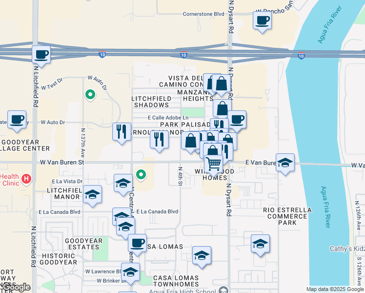 map of restaurants, bars, coffee shops, grocery stores, and more near 729 East Calle Chulo Road in Goodyear