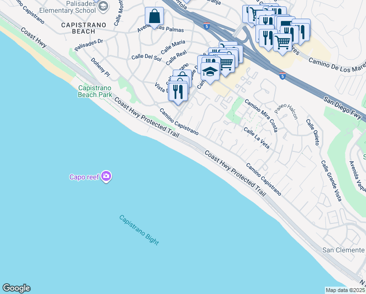 map of restaurants, bars, coffee shops, grocery stores, and more near 35235 Beach Road in Dana Point