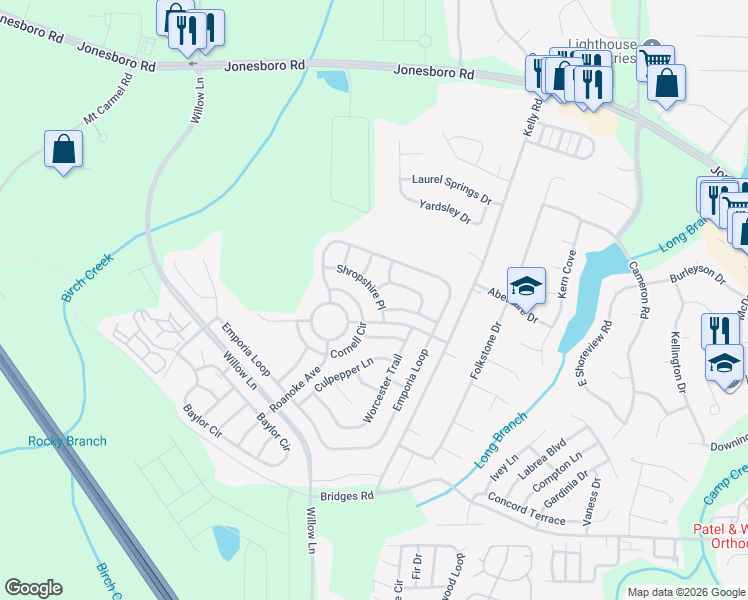 map of restaurants, bars, coffee shops, grocery stores, and more near 2521 Shropshire Place in McDonough