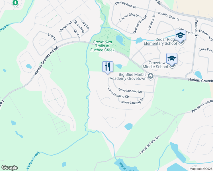 map of restaurants, bars, coffee shops, grocery stores, and more near 3380 Grove Landing Circle in Grovetown