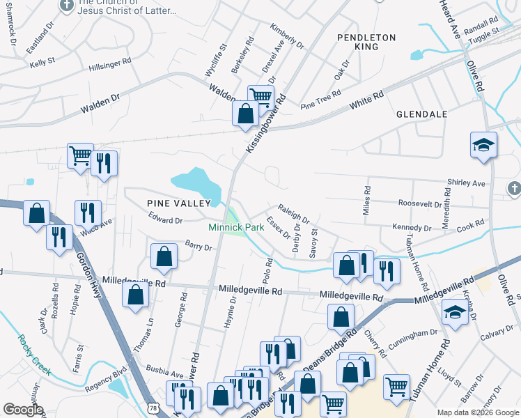 map of restaurants, bars, coffee shops, grocery stores, and more near 2281 Raleigh Drive in Augusta