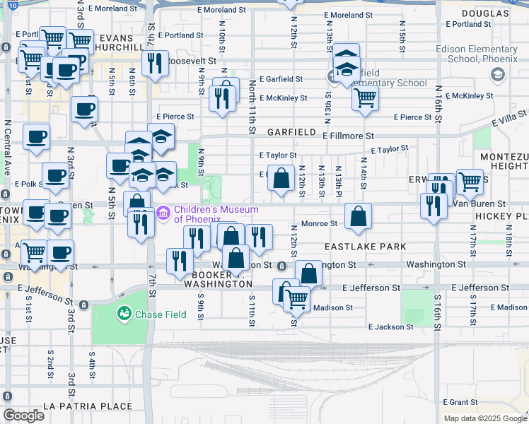 map of restaurants, bars, coffee shops, grocery stores, and more near 1134 East Van Buren Street in Phoenix