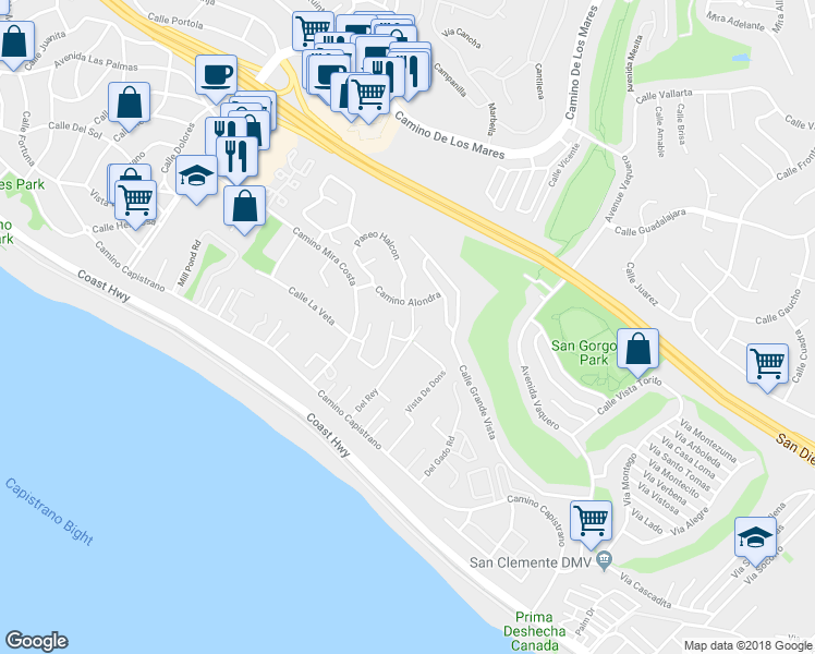 map of restaurants, bars, coffee shops, grocery stores, and more near 3285 Paseo Gallita in San Clemente