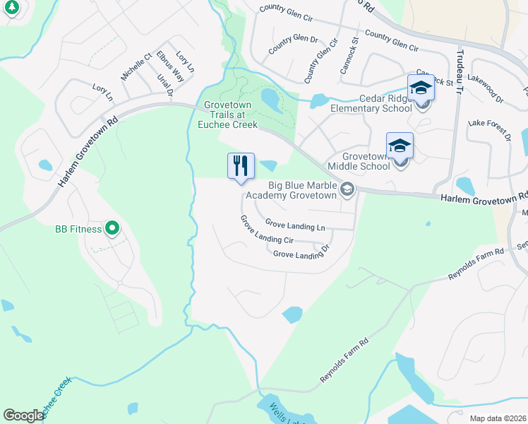 map of restaurants, bars, coffee shops, grocery stores, and more near 1119 Grove Landing Lane in Grovetown