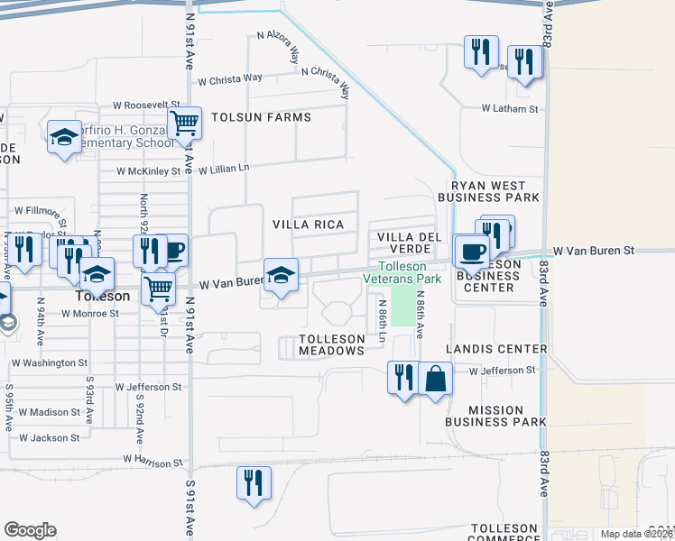 map of restaurants, bars, coffee shops, grocery stores, and more near 8701 West Van Buren Street in Tolleson