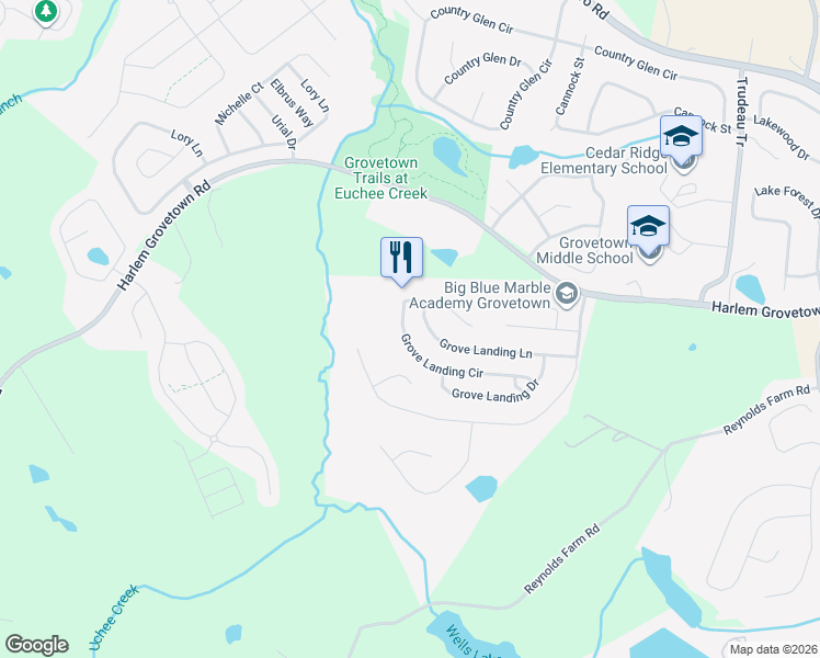 map of restaurants, bars, coffee shops, grocery stores, and more near 3380 Grove Landing Circle in Grovetown