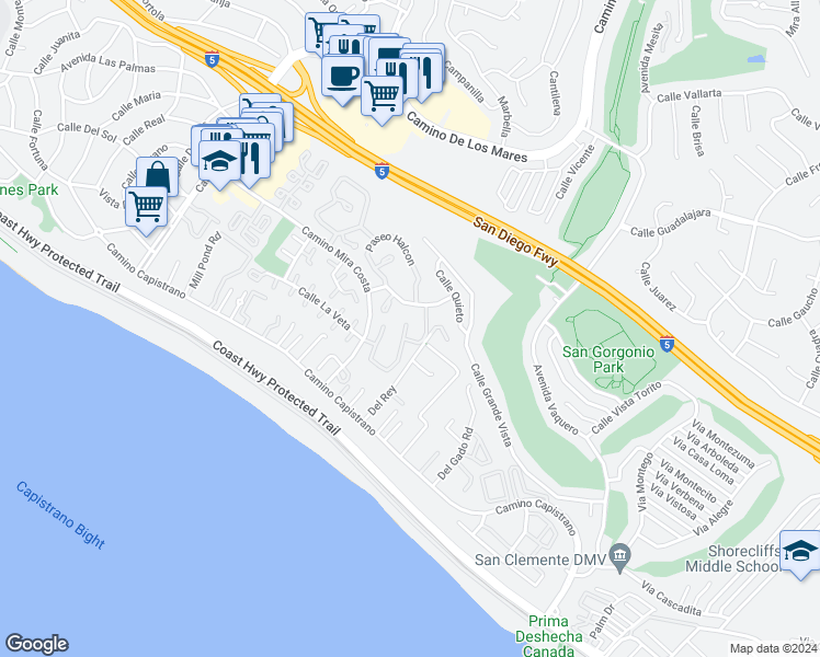 map of restaurants, bars, coffee shops, grocery stores, and more near 608 Via Pavon in San Clemente