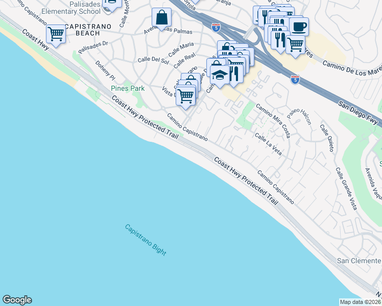 map of restaurants, bars, coffee shops, grocery stores, and more near 35235 Beach Road in Dana Point