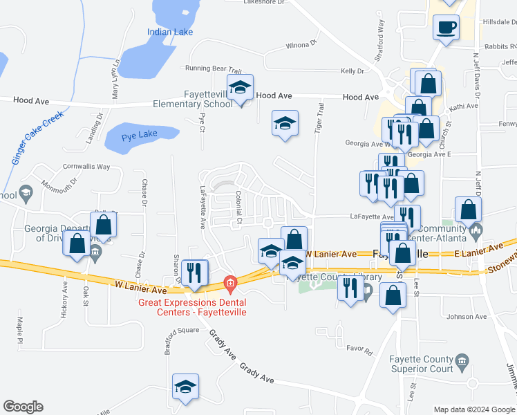 map of restaurants, bars, coffee shops, grocery stores, and more near 140 Concord Court in Fayetteville