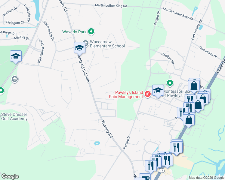map of restaurants, bars, coffee shops, grocery stores, and more near 138 Sherman Road in Pawleys Island