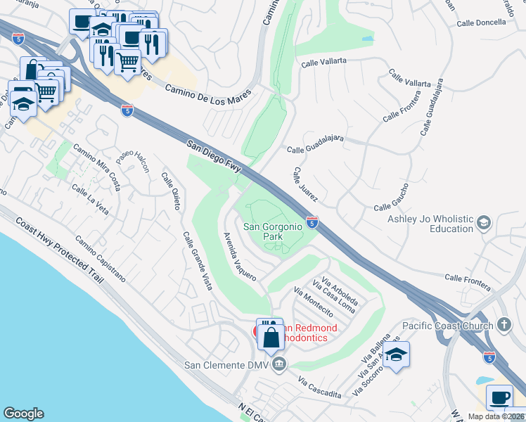 map of restaurants, bars, coffee shops, grocery stores, and more near 2916 Via San Gorgonio in San Clemente