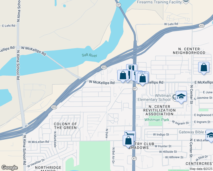map of restaurants, bars, coffee shops, grocery stores, and more near 625 West McKellips Road in Mesa