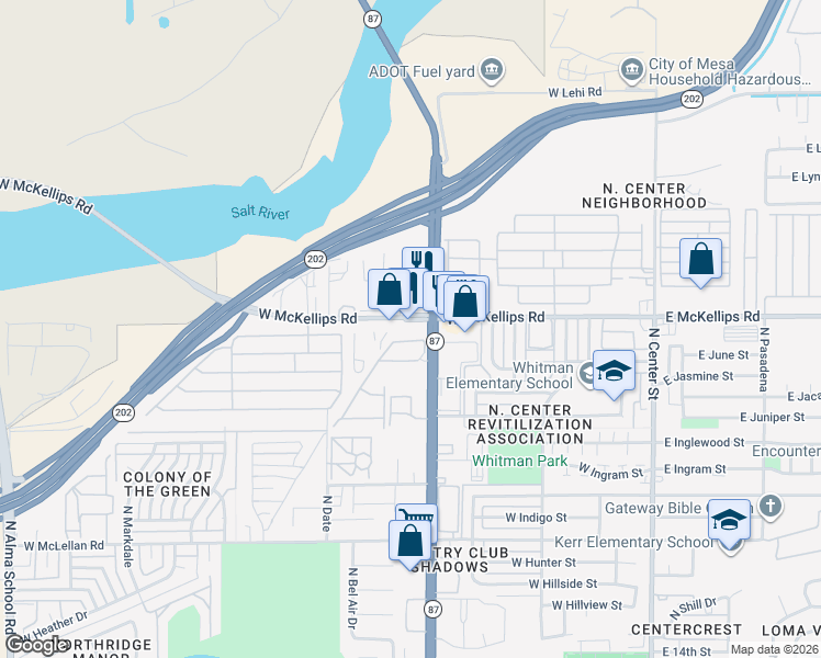 map of restaurants, bars, coffee shops, grocery stores, and more near 427 West McKellips Road in Mesa