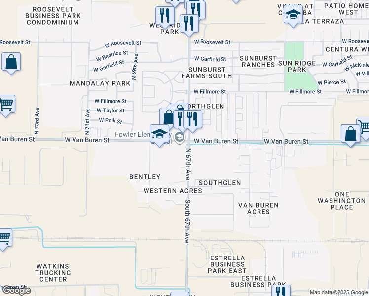 map of restaurants, bars, coffee shops, grocery stores, and more near 500 West Van Buren Street in Phoenix