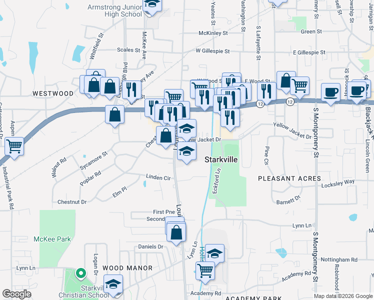 map of restaurants, bars, coffee shops, grocery stores, and more near 603 Yellow Jacket Drive in Starkville