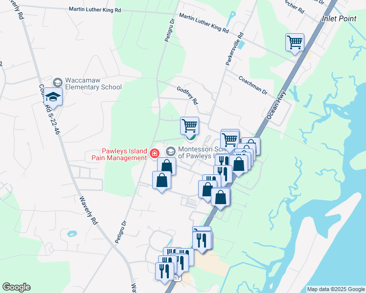 map of restaurants, bars, coffee shops, grocery stores, and more near 84 Palisade Loop in Pawleys Island
