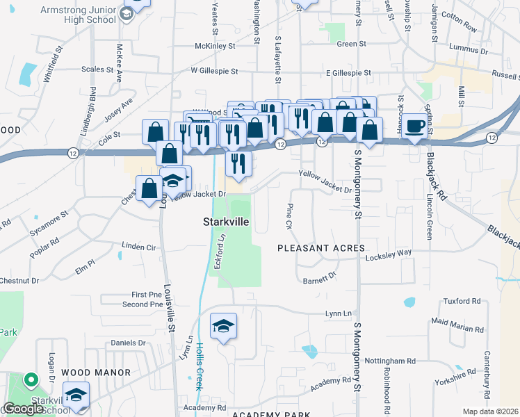 map of restaurants, bars, coffee shops, grocery stores, and more near 298 Yellow Jacket Drive in Starkville