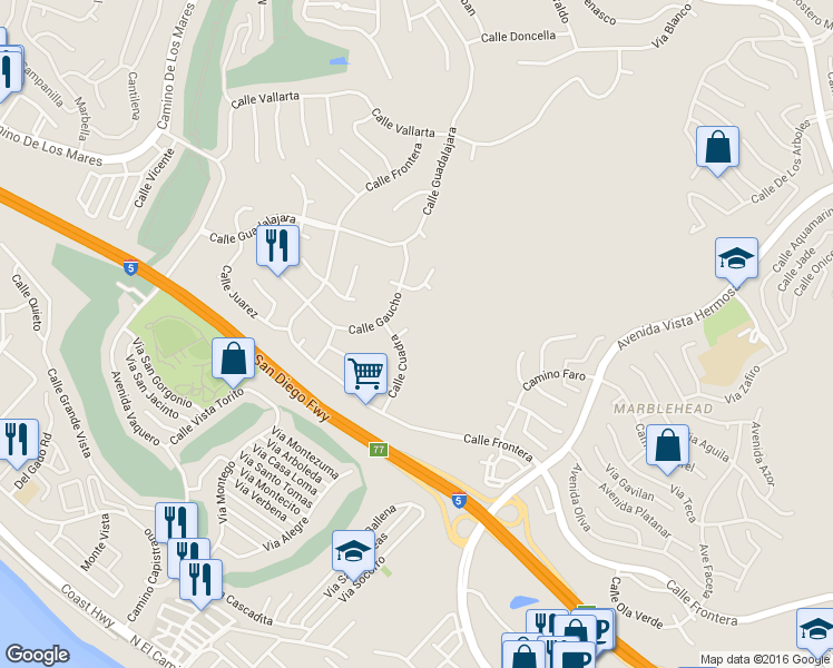 map of restaurants, bars, coffee shops, grocery stores, and more near 303 Calle Paisano in San Clemente