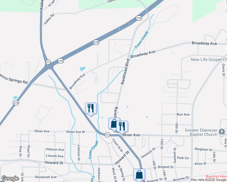 map of restaurants, bars, coffee shops, grocery stores, and more near 908 Bankhead Boulevard in Talladega