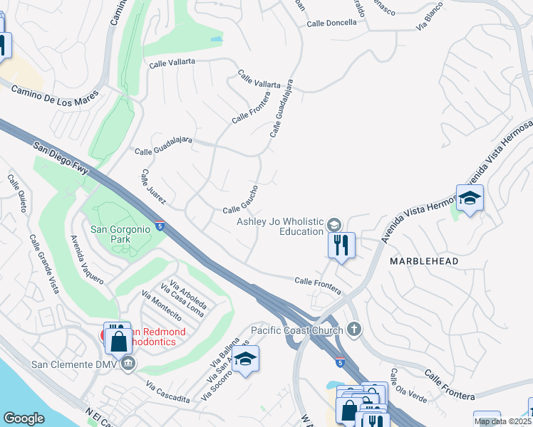 map of restaurants, bars, coffee shops, grocery stores, and more near 303 Calle Paisano in San Clemente