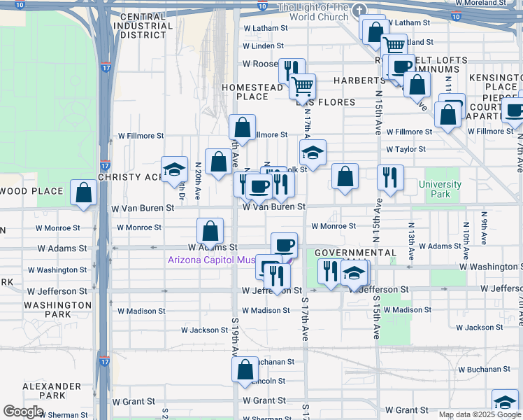 map of restaurants, bars, coffee shops, grocery stores, and more near 1746 West Van Buren Street in Phoenix