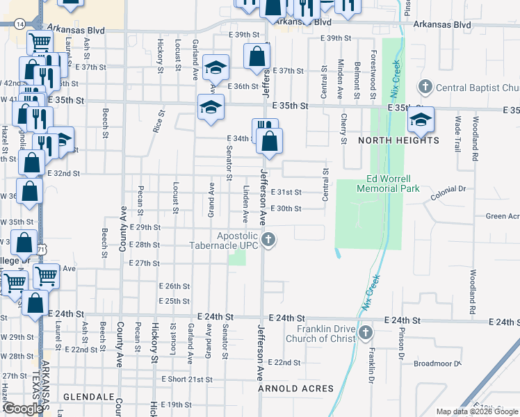 map of restaurants, bars, coffee shops, grocery stores, and more near 1301 East 30th Street in Texarkana