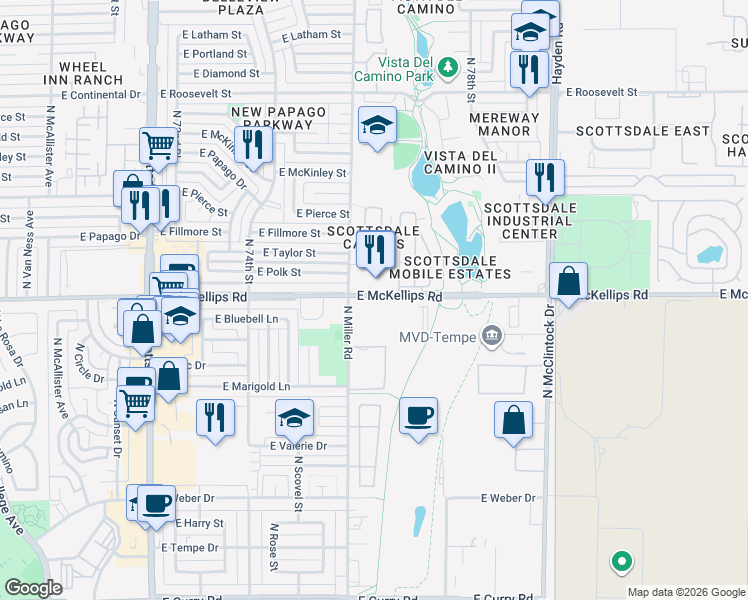 map of restaurants, bars, coffee shops, grocery stores, and more near 7620 East McKellips Road in Scottsdale