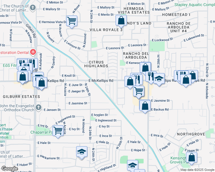 map of restaurants, bars, coffee shops, grocery stores, and more near 25 Apache Tears Mobile Home Park in Mesa