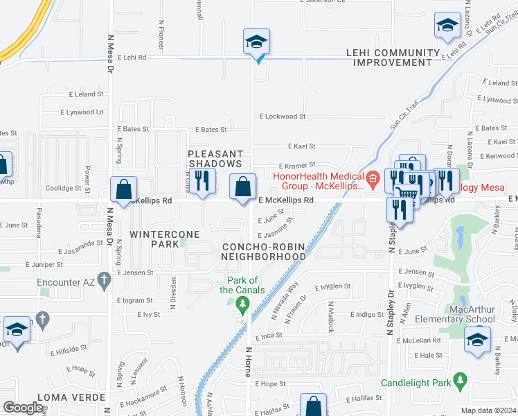 map of restaurants, bars, coffee shops, grocery stores, and more near 1955 North Horne in Mesa