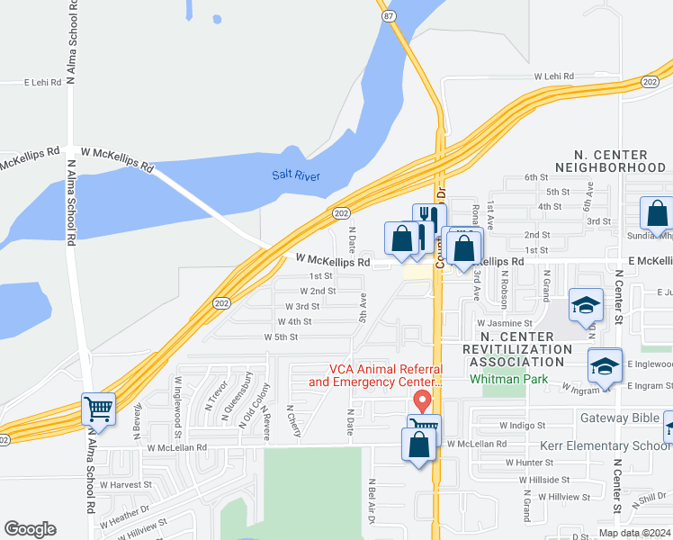 map of restaurants, bars, coffee shops, grocery stores, and more near 626 West McKellips Road in Mesa