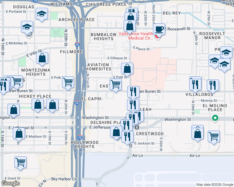 map of restaurants, bars, coffee shops, grocery stores, and more near 2306 East Van Buren Street in Phoenix