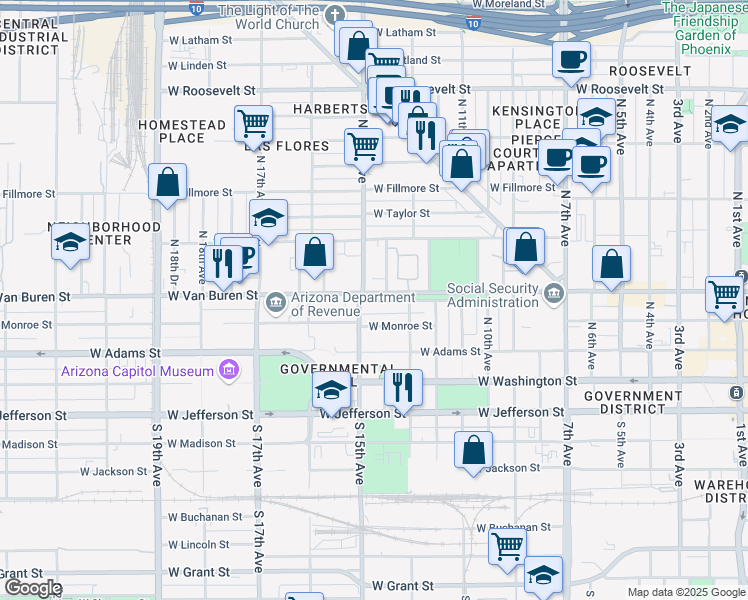 map of restaurants, bars, coffee shops, grocery stores, and more near 1402 West Van Buren Street in Phoenix