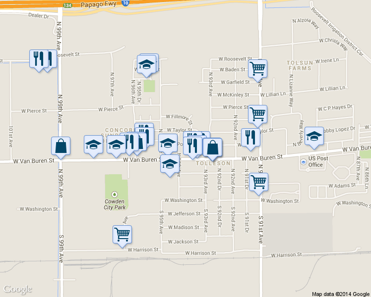 map of restaurants, bars, coffee shops, grocery stores, and more near 9360 West Polk Street in Tolleson