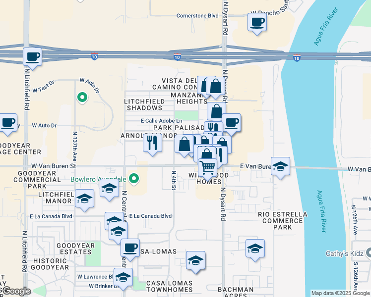 map of restaurants, bars, coffee shops, grocery stores, and more near 1506 North La Fresa Drive in Goodyear