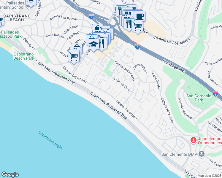 map of restaurants, bars, coffee shops, grocery stores, and more near 8 Castillo del Mar in Dana Point