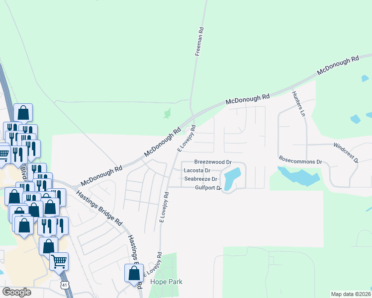 map of restaurants, bars, coffee shops, grocery stores, and more near 11443-11499 East Lovejoy Road in Hampton