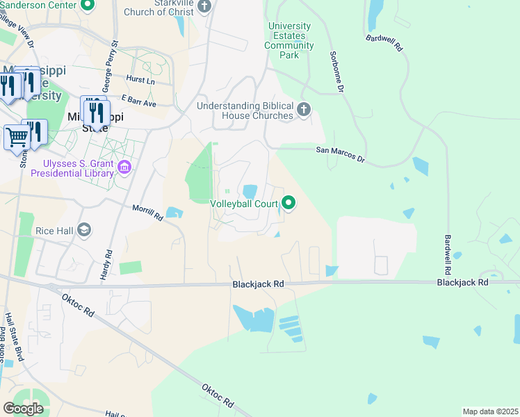 map of restaurants, bars, coffee shops, grocery stores, and more near Mary Lee Lane in Starkville
