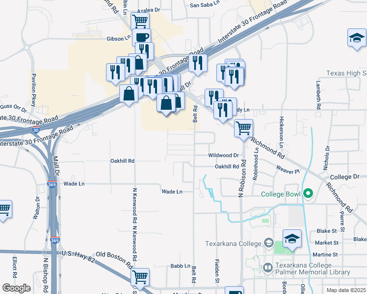 map of restaurants, bars, coffee shops, grocery stores, and more near 1009 Champion Street in Texarkana