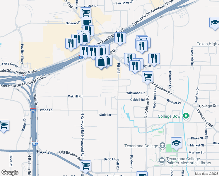 map of restaurants, bars, coffee shops, grocery stores, and more near 1009 Champion Street in Texarkana