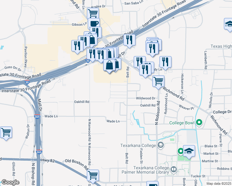 map of restaurants, bars, coffee shops, grocery stores, and more near 1009 Champion Street in Texarkana