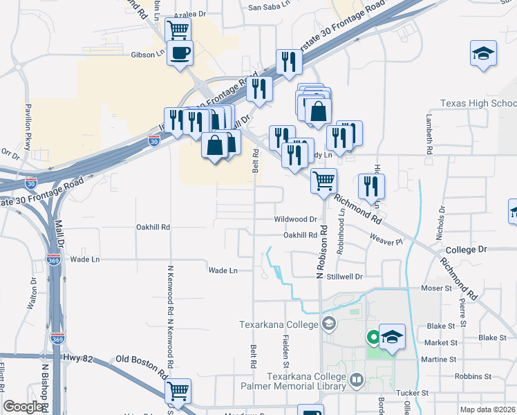 map of restaurants, bars, coffee shops, grocery stores, and more near 625 Belt Road in Texarkana
