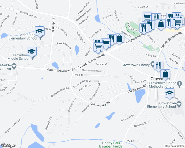 map of restaurants, bars, coffee shops, grocery stores, and more near 7626 Main Street in Grovetown