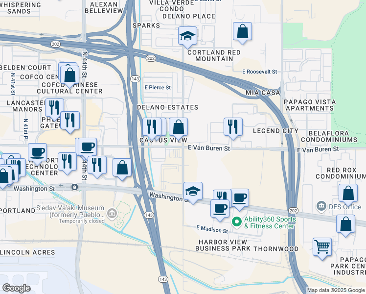map of restaurants, bars, coffee shops, grocery stores, and more near E Van Buren St & N 48th St in Phoenix