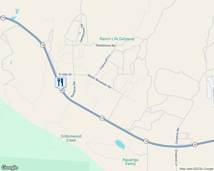 map of restaurants, bars, coffee shops, grocery stores, and more near White Mountain Road in Aguanga