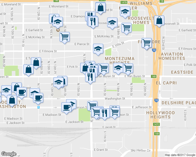 map of restaurants, bars, coffee shops, grocery stores, and more near 1621 E Van Buren St in Phoenix