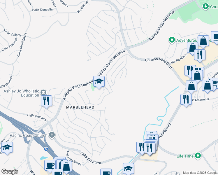 map of restaurants, bars, coffee shops, grocery stores, and more near 2406 Calle Aquamarina in San Clemente