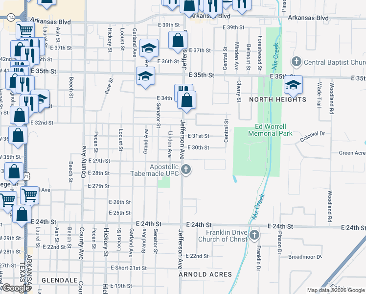 map of restaurants, bars, coffee shops, grocery stores, and more near 1301 East 30th Street in Texarkana